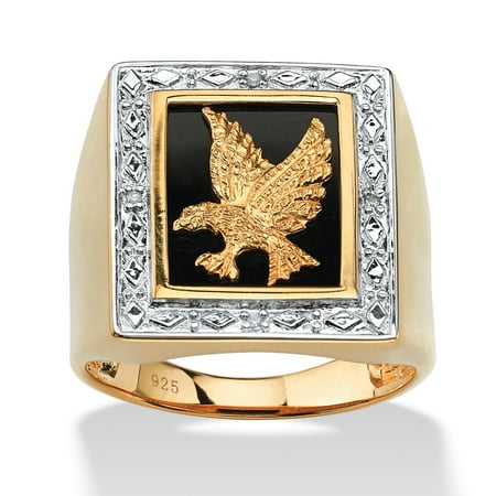 Mens Onyx Dad Ring - Men's Onyx and Diamond Accent Eagle Ring in 14k Gold over Sterling Silver