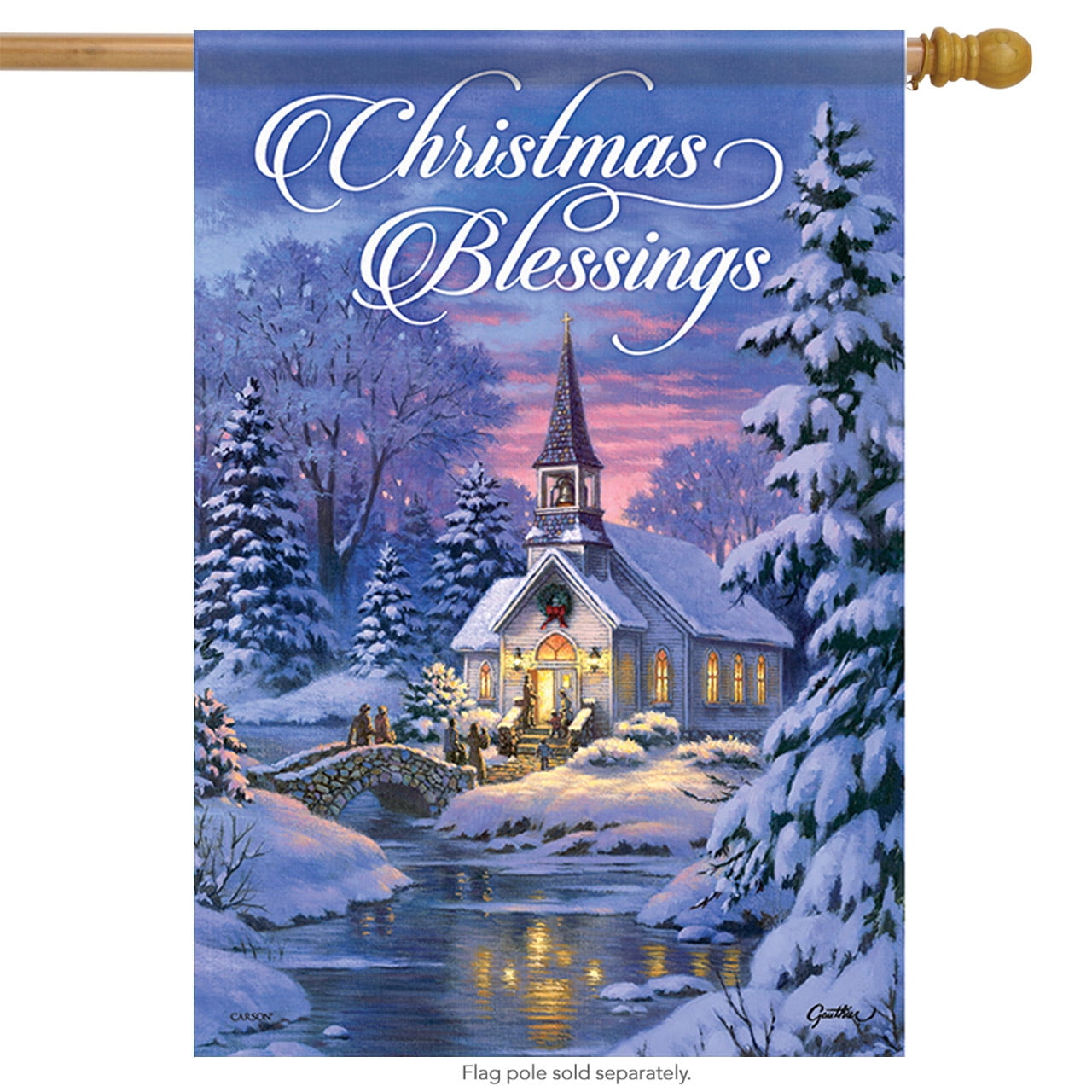 Country Church Christmas House Flag Double Sided Winter Snow 28" x 40