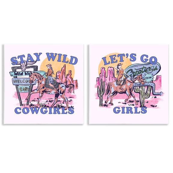 Stupell Industries Pink Cowgirl Phrases Entertainment Painting Unframed Art Print Wall Art, 12 x 12, Set of 2