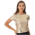 thumbnail image 2 of TiaoBug Women Shiny Metallic Crop Tops Short Sleeve Holographic Shirt Sparkle Disco Party T-Shirt Clubwear Gold XXL, 2 of 7