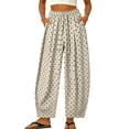 thumbnail image 2 of Women's Boho Polka Dot Trousers Summer Cotton Linen Elastic Waist Barrel Pants Loose Fit Casual Beach Pants Khaki L, 2 of 6