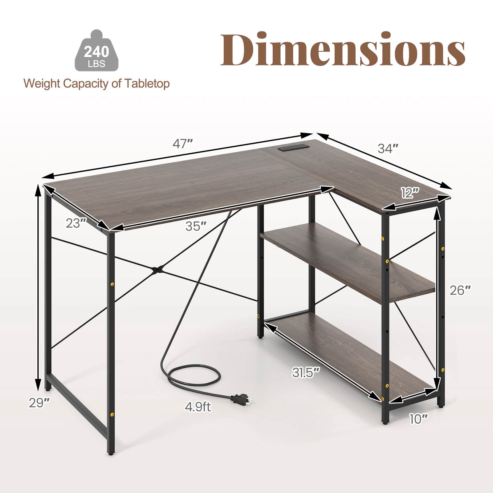 Costway 47" Reversible Corner Desk with Power Outlet Adjustable Side Storage Shelves Gray