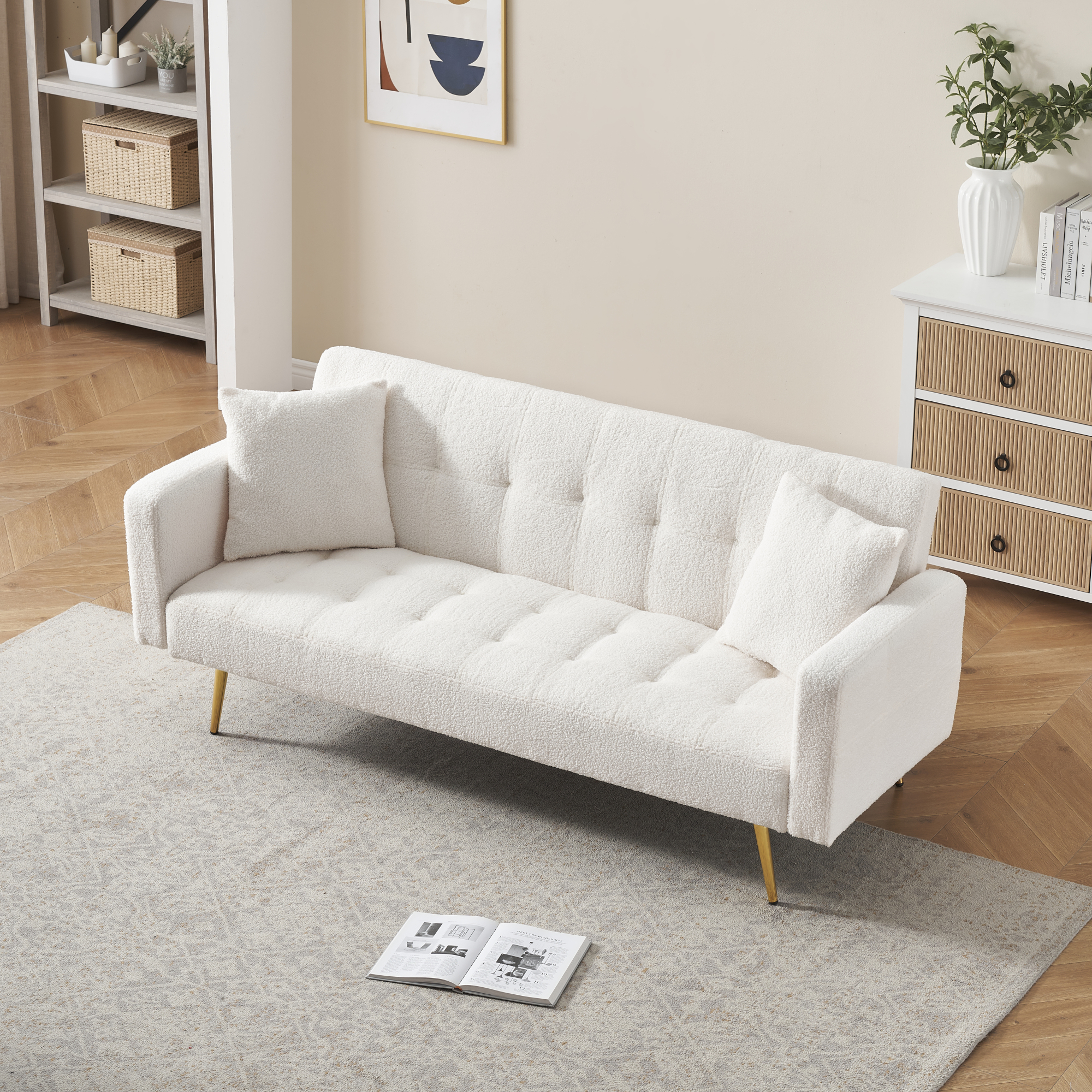 71" W Teddy Convertible Futon Sofa Bed,Modern Upholstered Loveseat Sofa Couch for Living Room,Small Space,Beige