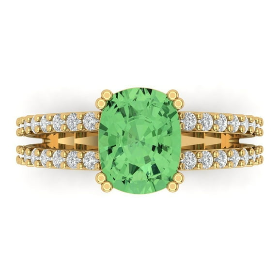 3.96ct Cushion Cut Green Crystal 14k Yellow Gold Engraving Statement Bridal Wedding Designer Ring Size 7.5