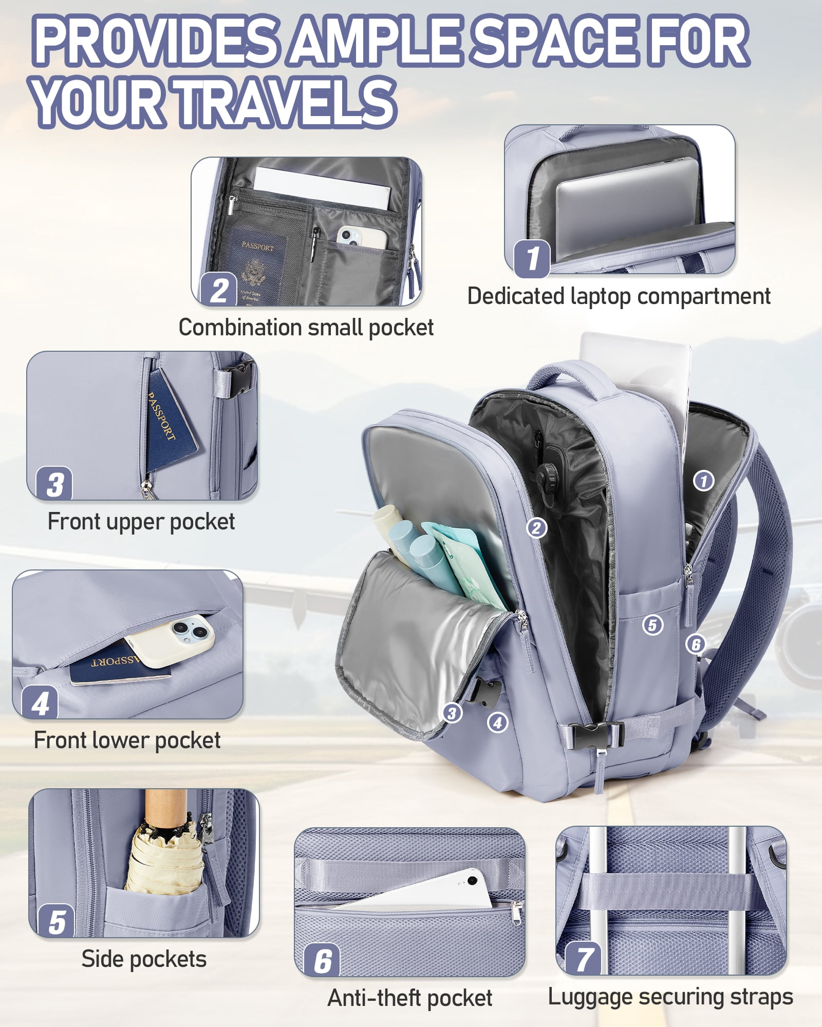 SYCNB Large Air Seal Travel Backpack for Men & Women, Airline Approved Vacuum Compression, Water-Resistant with Pump & Usb Port, 16 inch Laptop, Purple