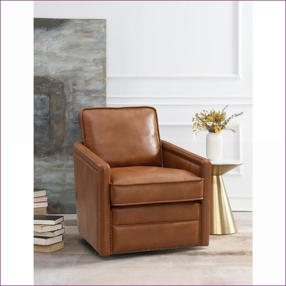 Swivel Glider Chair, Walnut Brown Leather Aire | 180-Degree Swivel | Removable Cushion Covers