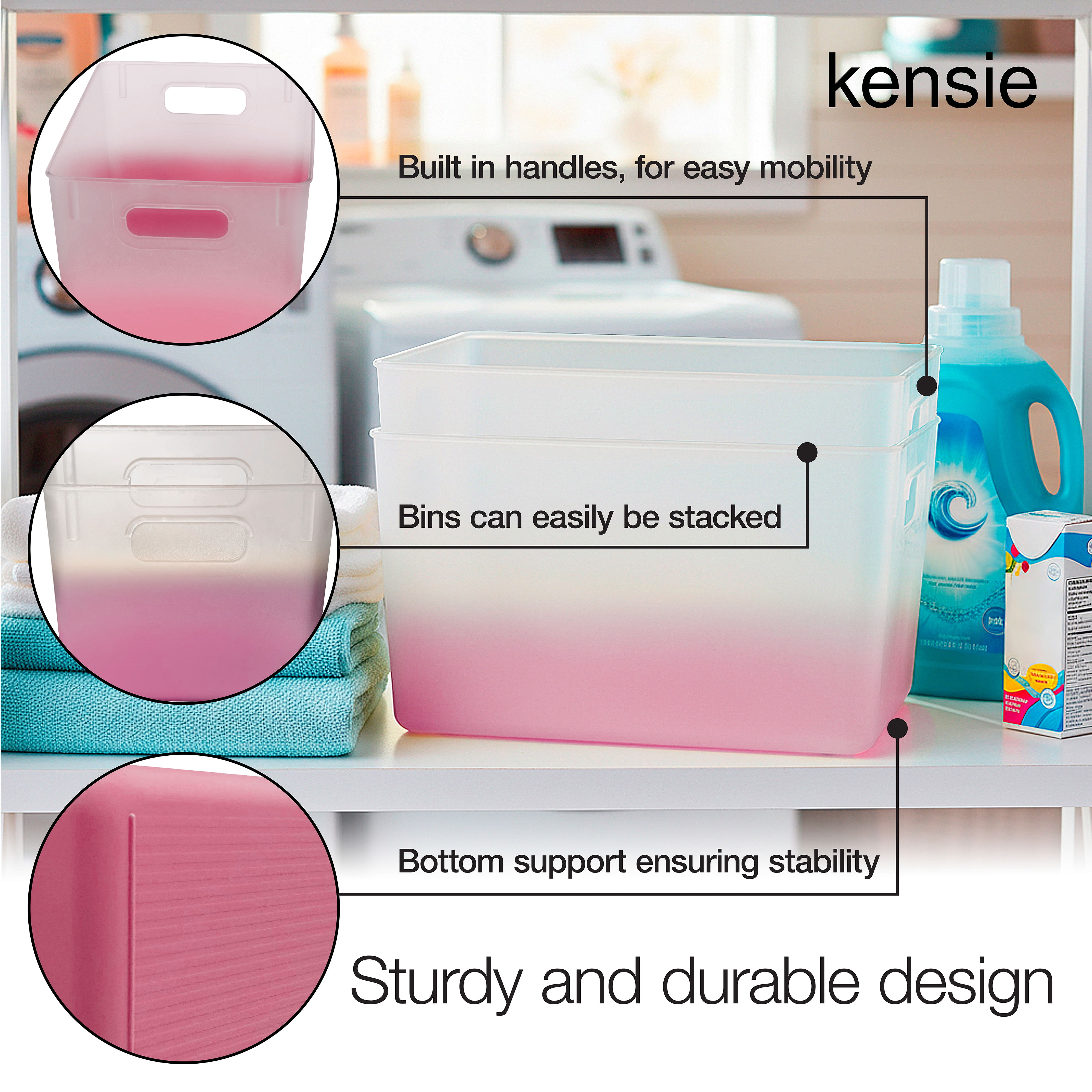 Kensie Closet Storage Bins with Handles, Stackable, 2-Pack, Frosted Blush