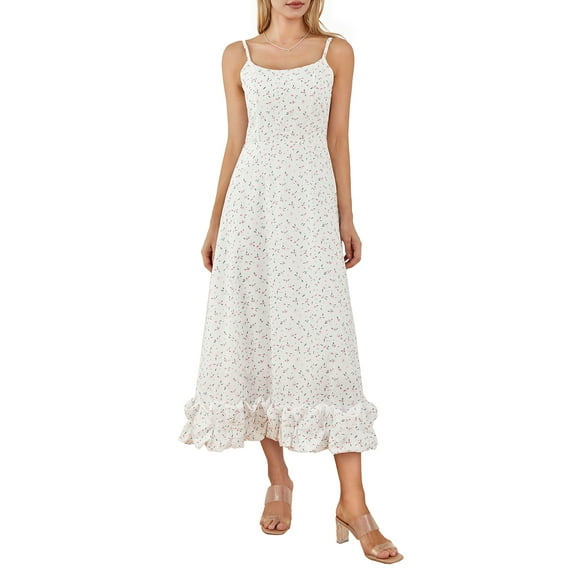 Women Floral Print Spaghetti Strap Sleeveless Cami Dress Fashion Backless Bubble Hem A-line Dress Summer Midi Dress(White Floral S,M,L)