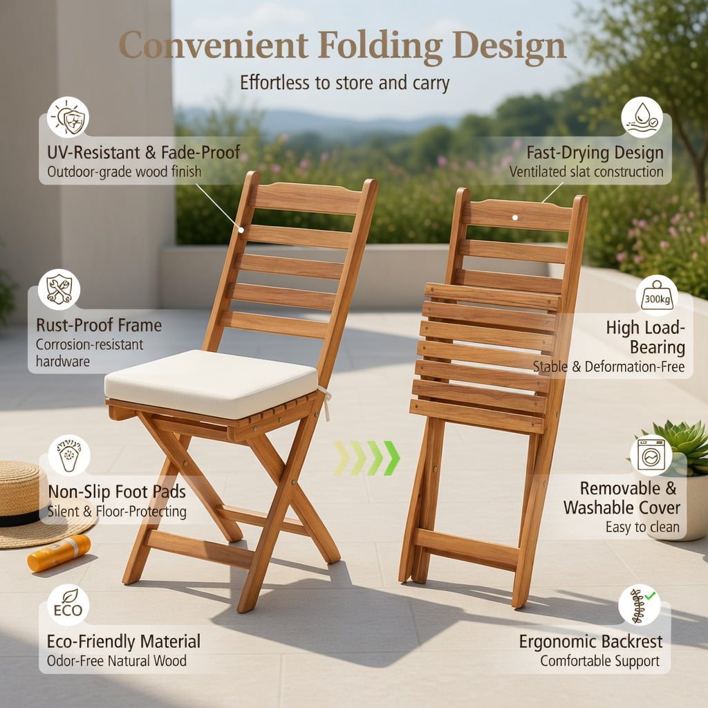 Hommoo 2-Pack Folding Patio Chairs with Soft Off-White Cushions & Natural Acacia Wood Frame, Outdoor Backyard, Balcony & Poolside Seating, White