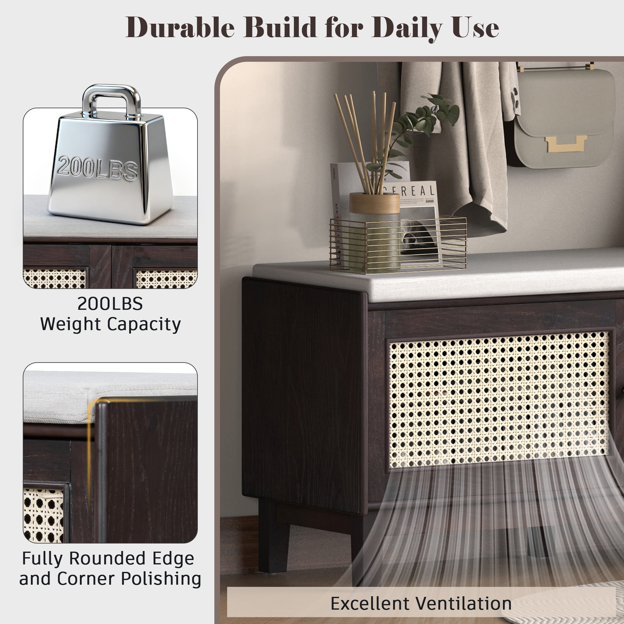 Euroco Boho Rattan Entryway Bench with Storage, Cushioned Shoe Bench with Double Doors, Wooden Shoe Organizer Bench for Entryway and Hallway (Espresso+Beige )