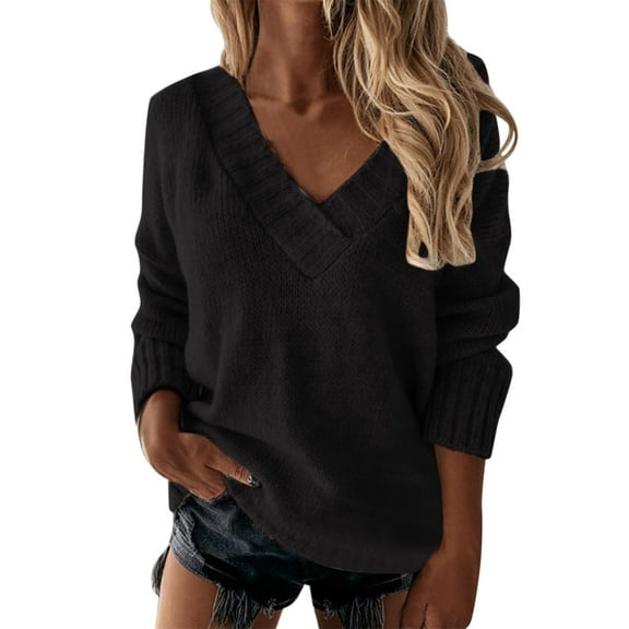 Women's Casual V-Neck Pullover Sweater Loose Fit Long Sleeve Soft Comfortable Everyday Wear