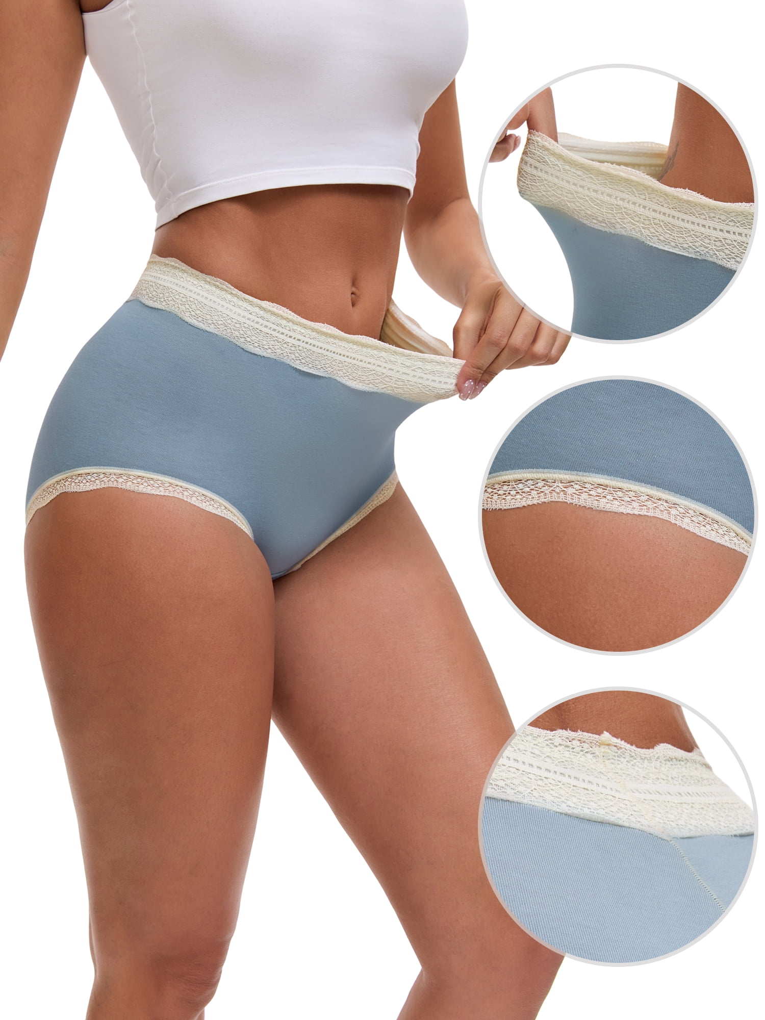 DARING DIVA Women's High Waisted Lace Trim Briefs Full Coverage Panties L Dark Blue