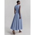 thumbnail image 2 of Blue Striped Sleeveless Ruched Waist A-Line Maxi Dress Cotton, 2 of 30