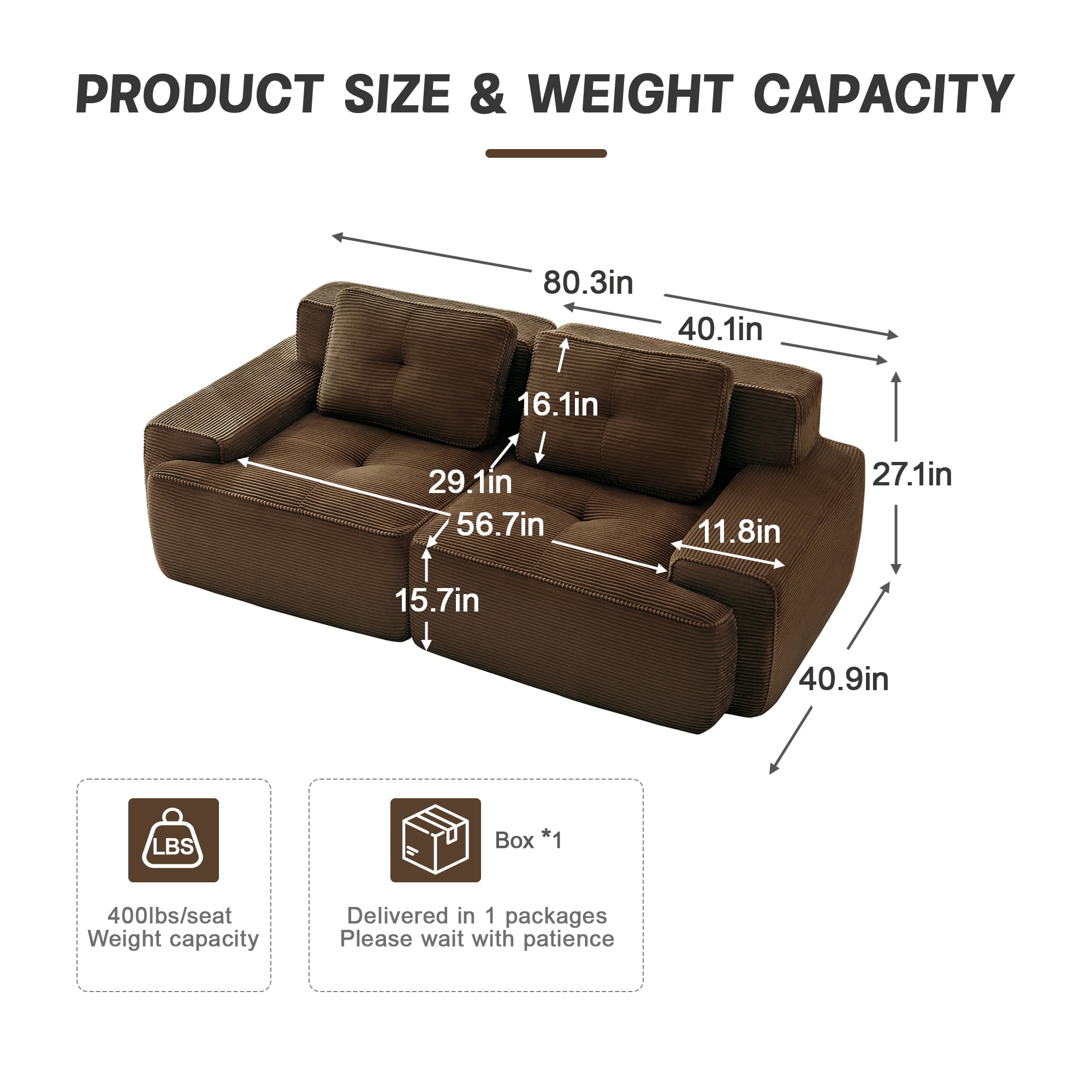 80" Corduroy Modular Sectional Sofa, 2-Seater Tufted Deep Seat Couch, Pet-Friendly Couch, No Assembly, Brown