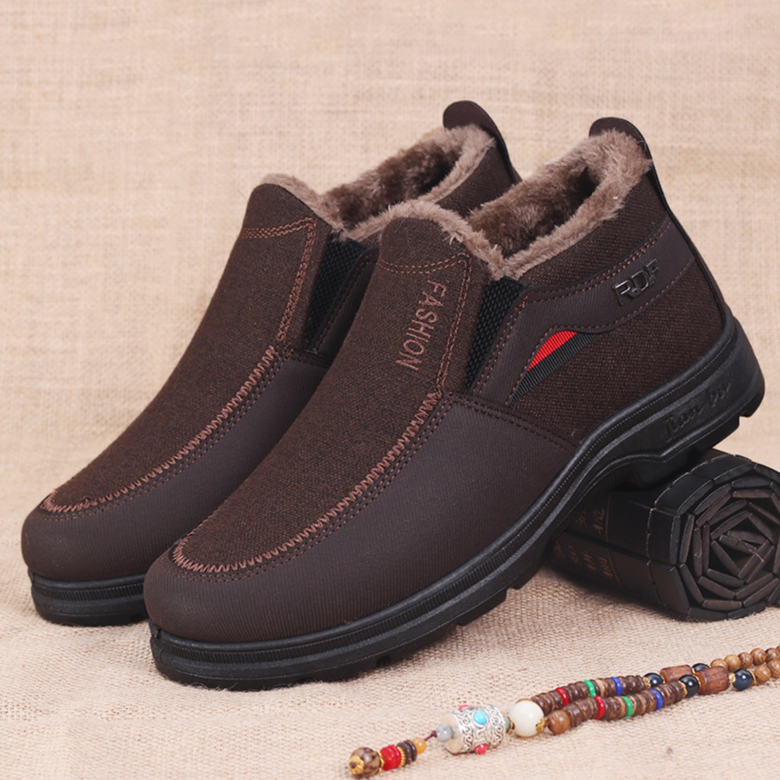 Chenyee Men's Winter Slip On Warm Ankle Boots Outdoor Non Slip Furry Lined Comfortable Hiking Walking Shoes