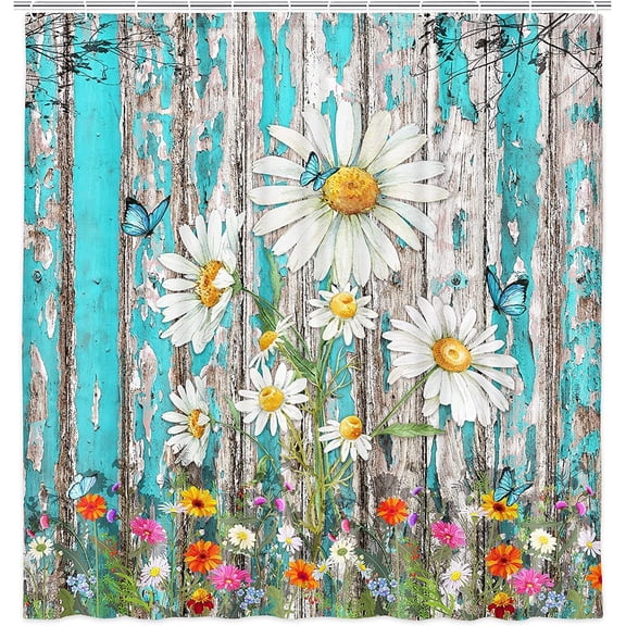 Daisy Flower Shower Curtain, Country Floral on Teal Wooden Plank Fabric Shower Curtain Set, Bathroom Curtain with Hooks Included 36x70