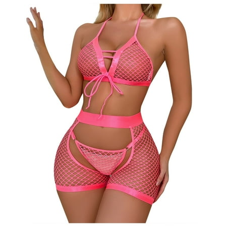 

KDDYLITQ Women s Bra and Panty Set with Garter Belt Lingerie Sets 3 Pieces Hollow Out See Through Babydoll Pink S