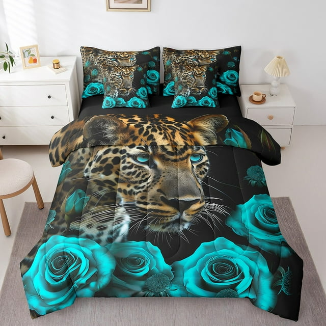 YST Ensemble de Douillette Pleine à Motif Guépard, 7 Pcs, Imprimé Léopard Réversible, Ensemble Complet pour Lit Double, Turquoise Sarcelle Rose