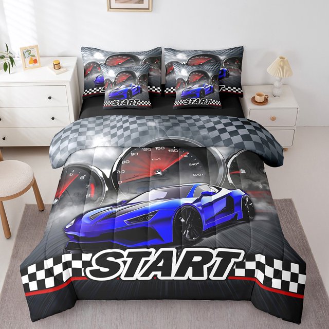 Erosebridal Teens Racing Car Bed in a Bag Full size,Extreme Sports Bed Set,Fast Car Decor,Reversible,7pcs