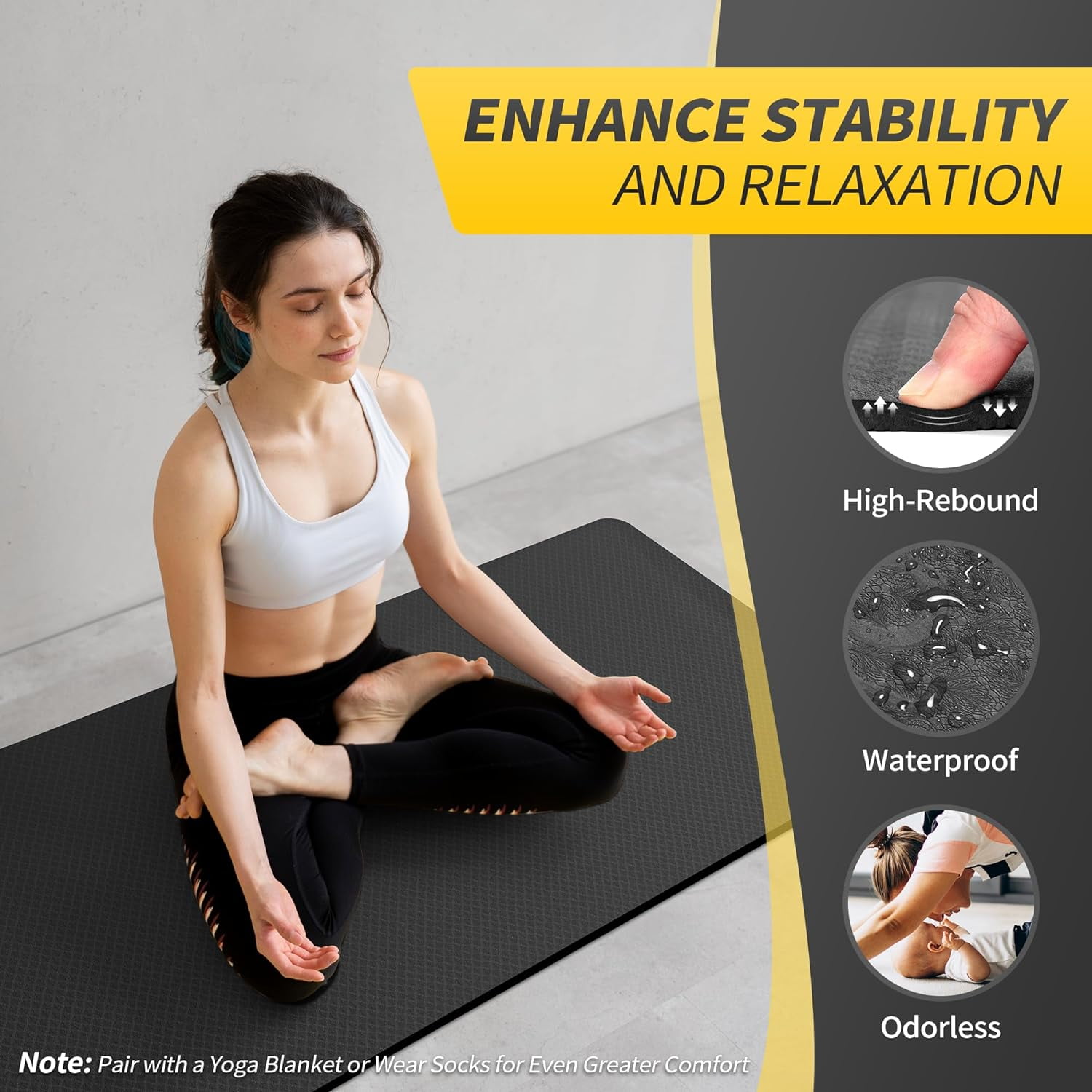CAMBIVO Yoga Mat, 6mm Thick Eco Friendly TPE Workout Mat with Carrying Strap for Fitness, Gym and Floor Exercises, 72" x 24", Black