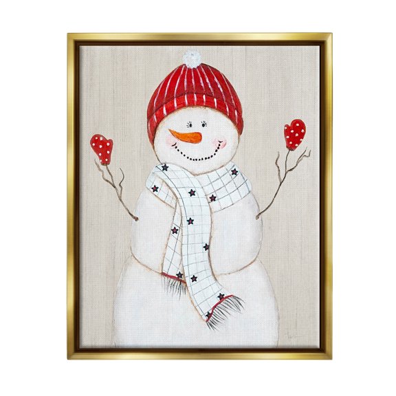 Stupell Industries Seasonal Snowman Smiling Red Hat Holiday Painting Gold Floater Framed Art Print Wall Art
