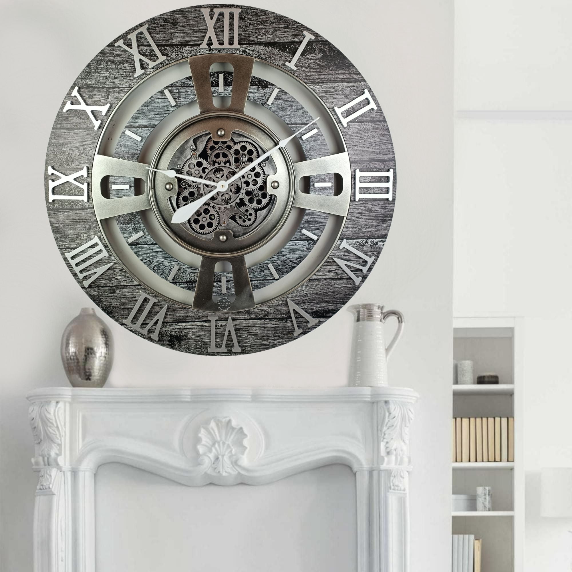 THE GEARS CLOCK Wall Clock with Real Moving Gears EN-LI_ 24 in Round Carbon-Grey