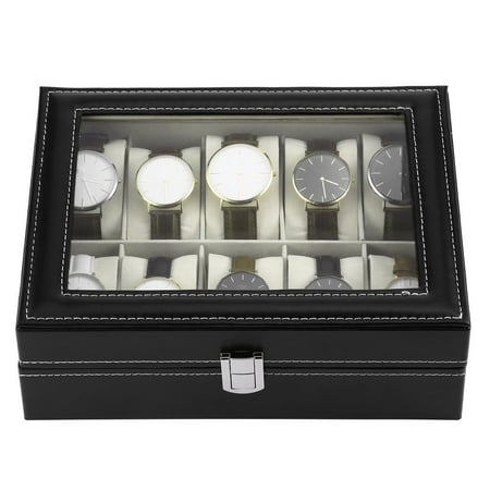 Black PU Leather 10 Slots Wrist Watch Display Box Storage Holder Organizer Case