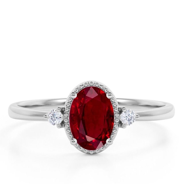 JeenMata Anillo de Compromiso de 1,50 Quilates con Rubí y Moissanita de Corte Ovalado Artdecó Milgrain Engastado en Oro Blanco de 18 K sobre Plata