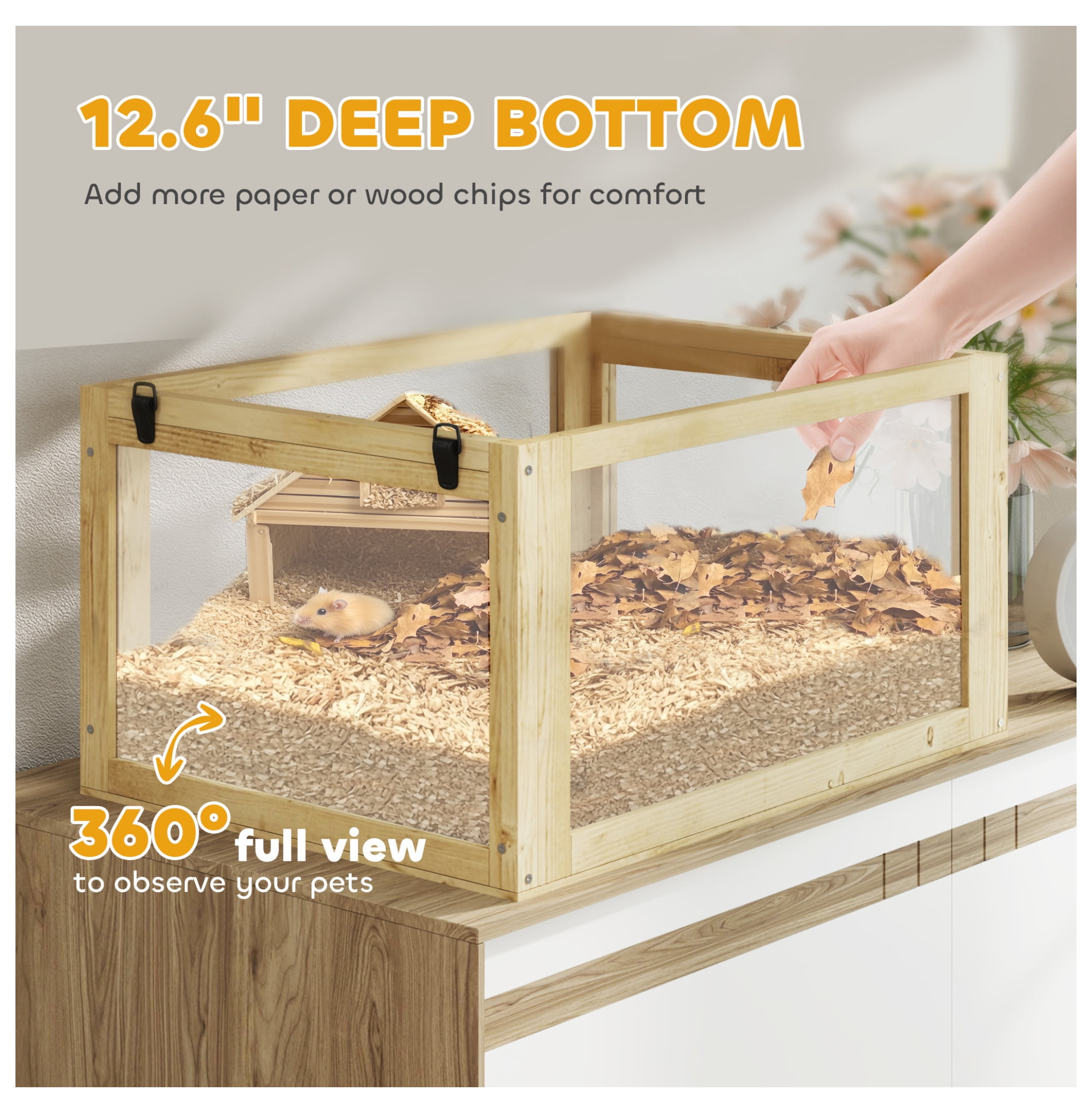 Hamster Cage 3 Tier Wooden w/Wheel, Hut & Seesaw - 24x16x29.5in - Small Animal Habitat for Hamsters, Gerbils & Mice
