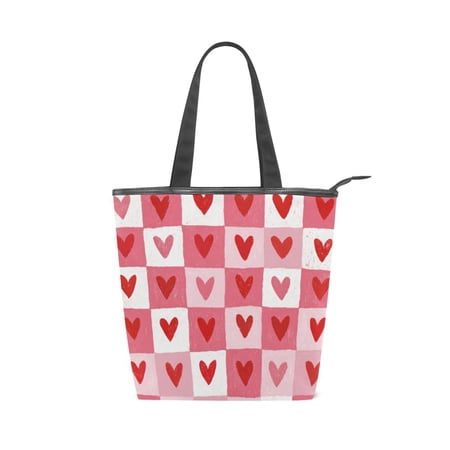 Large Capacity Canvas Tote Bag with Zipper Durable Canvas & Leather Shoulder Handbag All-over Print Tote for Work Commuter Shopping Travel Crayon Heart Checkers