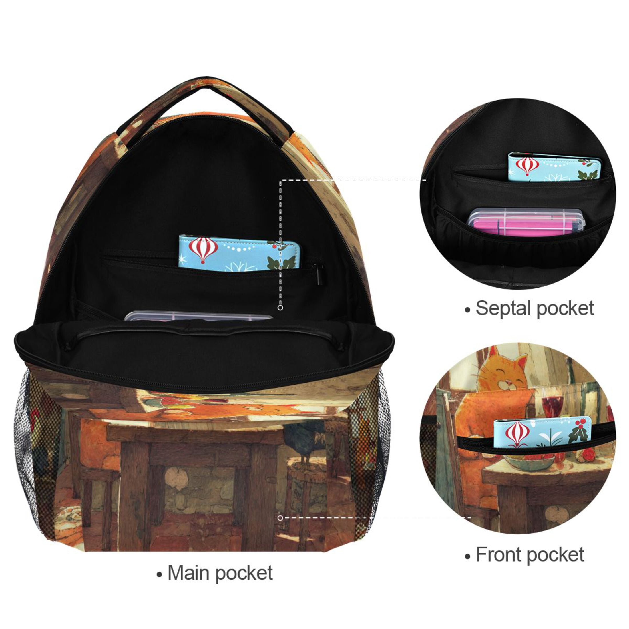 Backpack 16x11.4x6.9 Inches Fashion Backpack Shopping Travel Outing Backpack Cat Table Scene