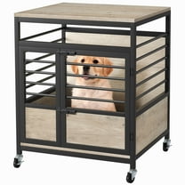 SAEWUD 24 Inch Dog Crate Furniture with Wheels, Modern Wooden Indoor Dog Kennel End Table, Chew-Resistant, Decorative Greige Cage for Small Dogs