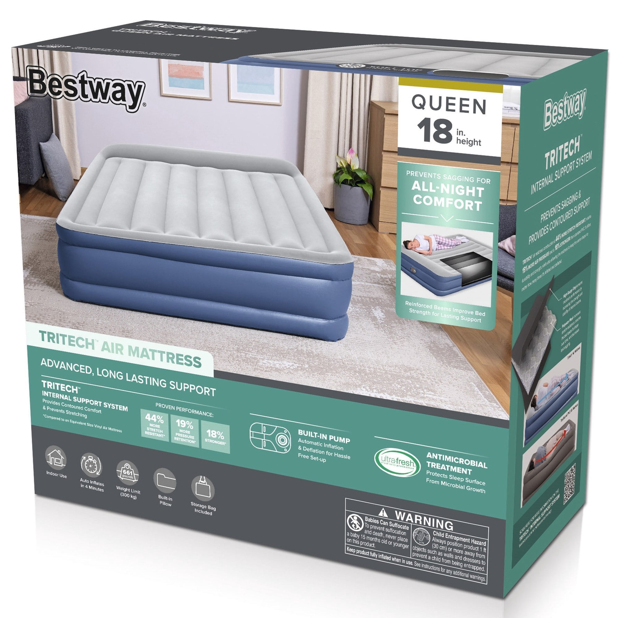 Bestway Tritech Air Mattress Queen 18” with Built-in AC Pump and Antimicrobial Coating