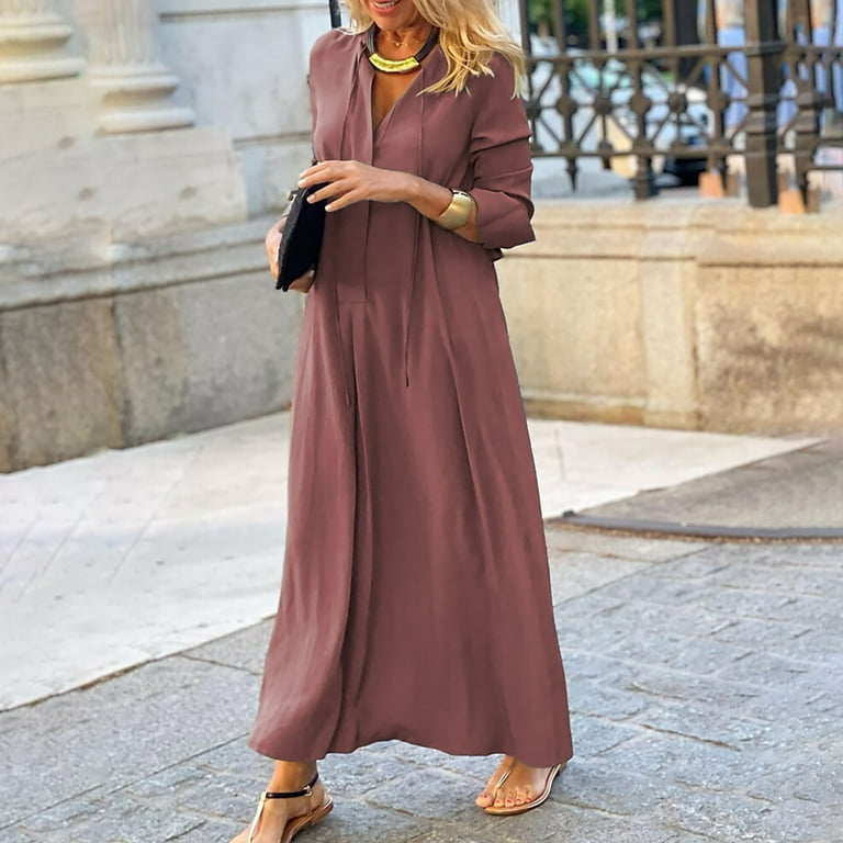Maxi Dress for Women V Neck Solid Color Long Sleeve Dress Casual