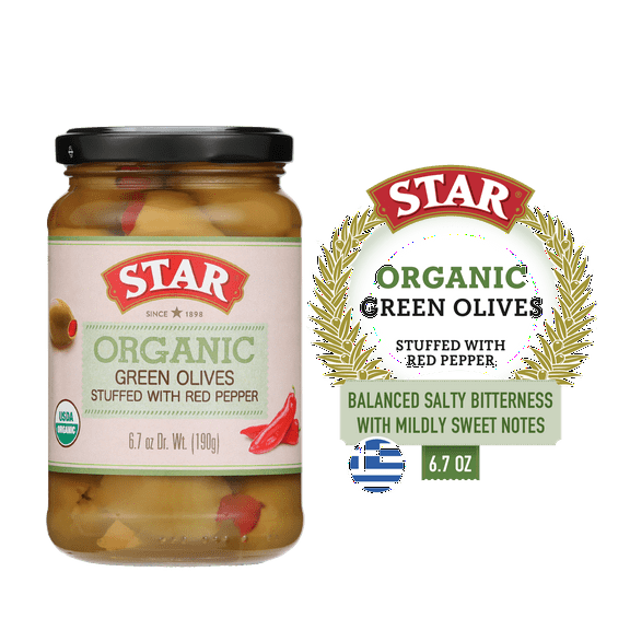 STAR Queen Organic Green Olives with Pimento, 6.7oz Glass Jar - Kosher & USDA Organic