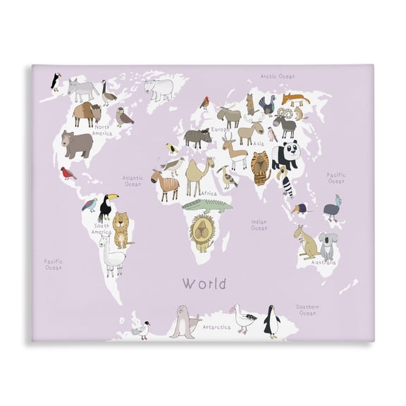 Stupell Industries Modern Kid's Map of the World with Animals Light Pink Canvas Art, 20 x 16, by Carla Daly