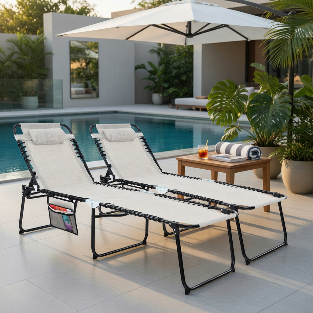 Hommoo Premium Foldable Reclining Lounge Chair, Adjustable Backrest & Footrest, Portable Outdoor Beach & Camping Chair, Gray