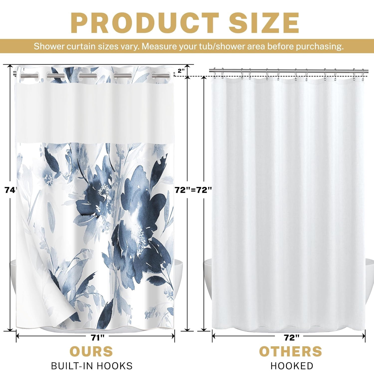 Behome Shower Curtain, Double-layer Waterproof Thick Fabric Shower Curtain, Bath Curtain Set for Bathroom, 71Wx74H, Blue and White