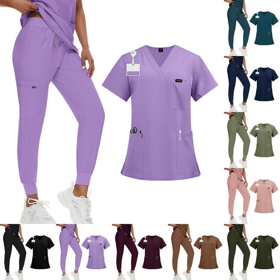 Garbnen Scrub Sets for Woman Stretch Short Sleeve V-Neck Medical Scrubs Top and Pants Nurse Uniform Women's Workwear Set with Pockets