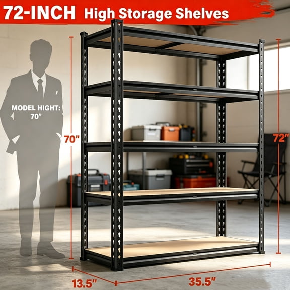 72" 5-tier Storage Shelves - Garage Shelving - Heavy Duty Adjustable Garage Shelves - Large Shelves For Tool Storage - 72"