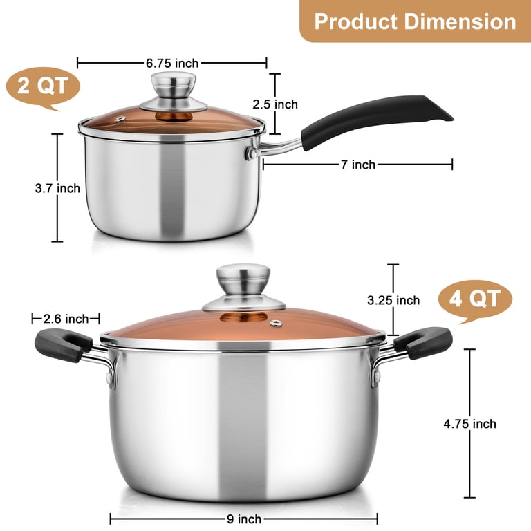 Walchoice, Stainless Steel Saucepan and Stockpot Set, 2 QT, 4 QT