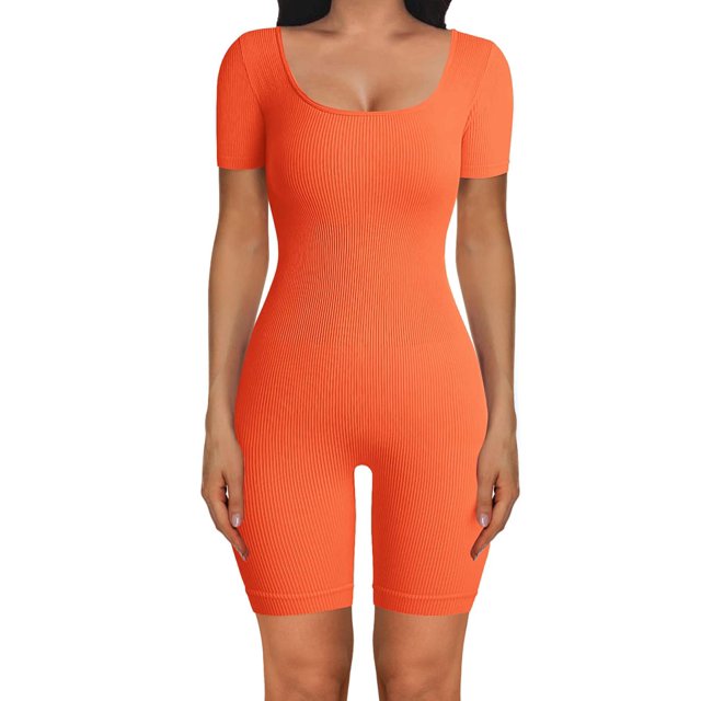 xiaxaixu Femmes Combinaison Courte, Manches Courtes Col Rond Côtelé Solide Slim Fit Playsuit pour la Rue Quotidienne