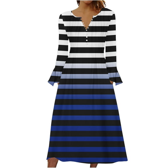 Womens Work Dresses Women's Long Sleeve V-Neck Dress Fashion Striped Printed Casual Button V-Neck Flowy Long Maxi Dress with Pockets S-205 Blue L