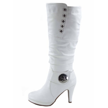 Win-45 Women s Fashion Knee High Round Toe Slouched High Heel Platform Boots ( White 5 )