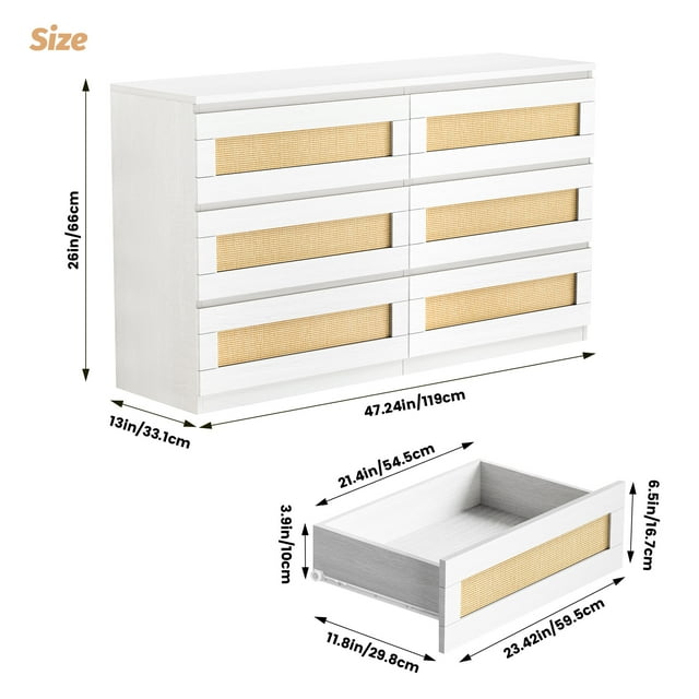 Commode Moderne de Style Ferme en Rotin de 47 Pouces avec 6 Tiroirs, Meuble Télé pour Salon et Chambre