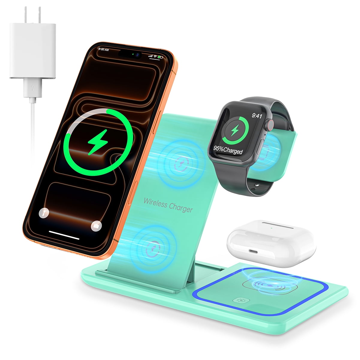 Cshidworld Wireless Charger, 18W 3 in 1 Wireless Charging Station for iPhone 17 16e 15 14 13 12 Pro, Fast Charger Stand for iWatch SE 9-11 6-8 2-5, AirPods 4/3/2/Pro, Samsung Galaxy Seires (Green)