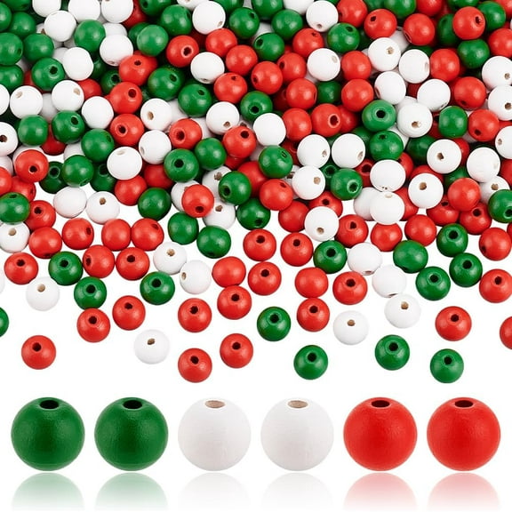 600Pcs 3 Colors Christmas Wooden Beads 10mm Red Green and White Christmas Beads Farmhouse Craft Beads for DIY