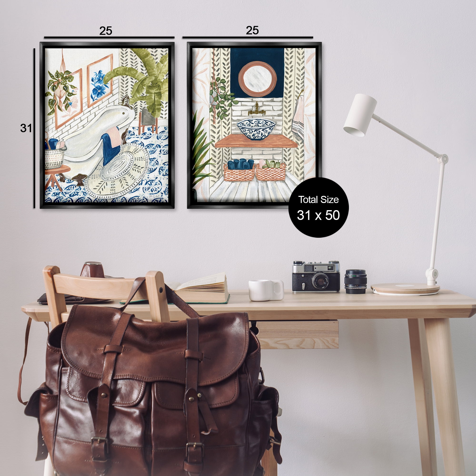 Stupell Industries Boho Chic Bathroom Bath & Laundry Painting Black Floater Framed Canvas Art Print Wall Art, 31 x 25, Set of 2