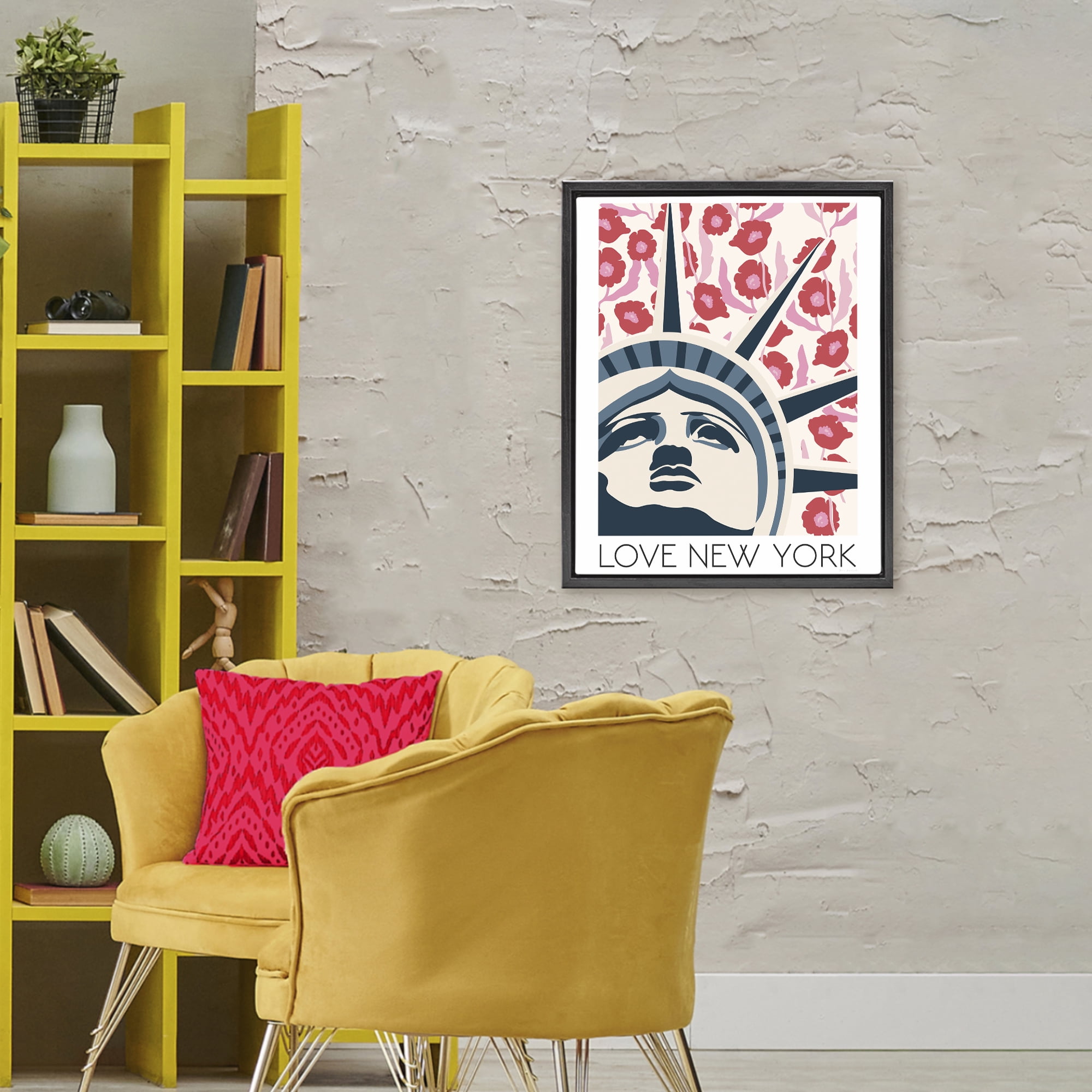 Stupell Industries Groovy Florals Love New York Black Framed Floater Canvas Wall Art, design by Omar Escalante