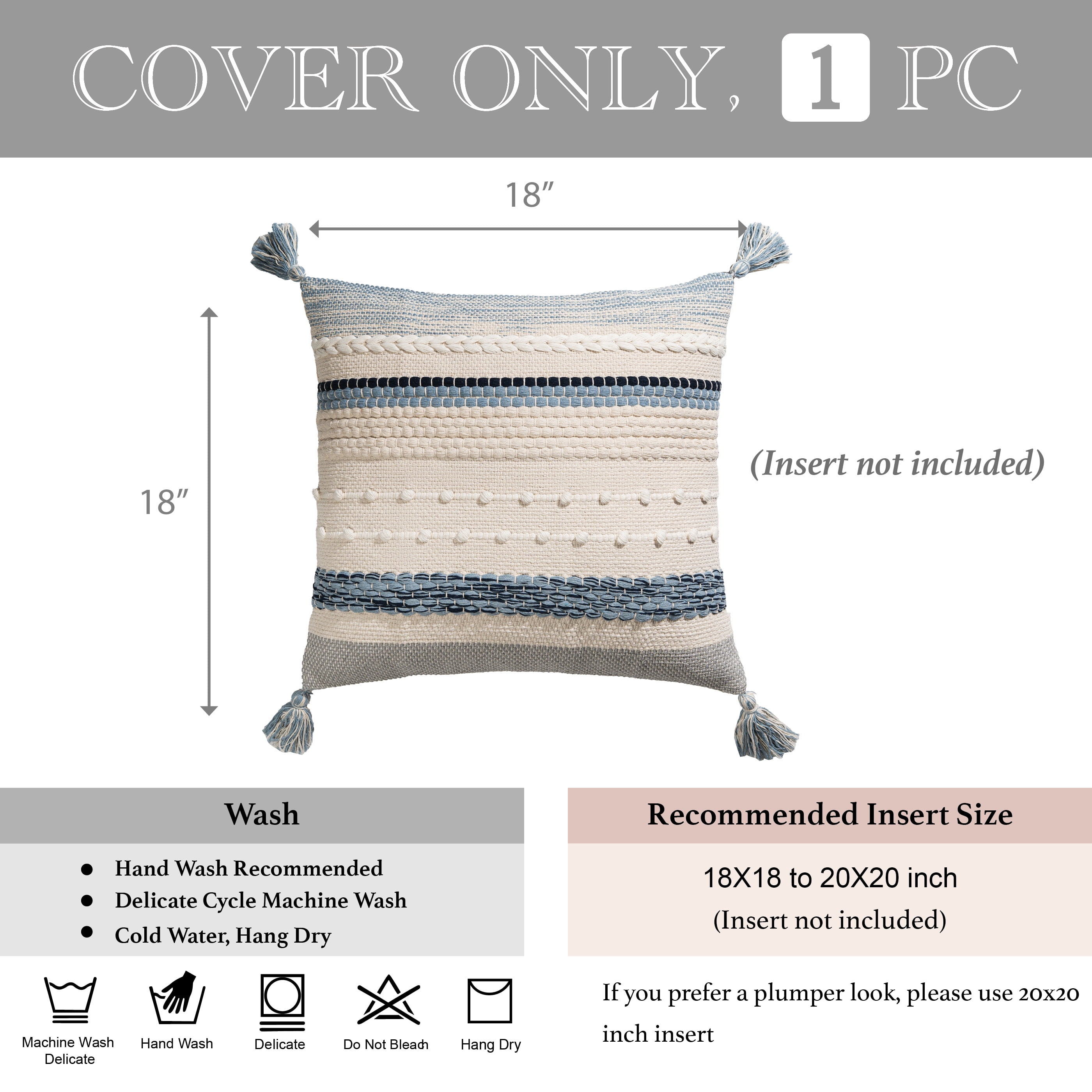 BlissBlush Coastal Blue Boho Decorative Throw Pillow Cover 18x18 Modern Bohemian Accent Pillow Case Square Woven Textured Farmhouse Pillows for Couch Bed (Pack of 1)